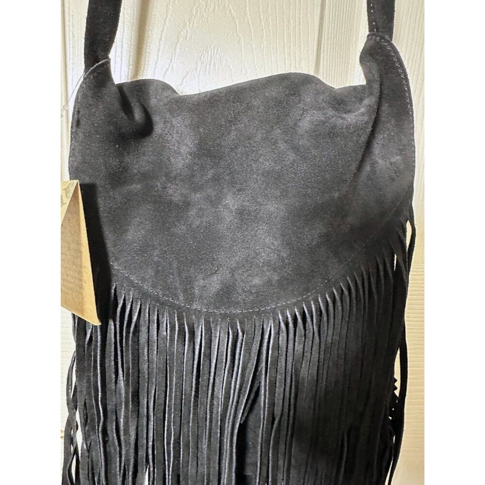 NWT Elegant Black Suede Leather Fringe Purse Bag Bohemian Boho Fair Trade India - Picture 4 of 13